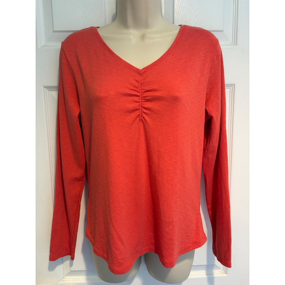 Cynthia Rowley Womens Coral Orange Slub Knit V-Neck Ruched Long Sleeve Top Large